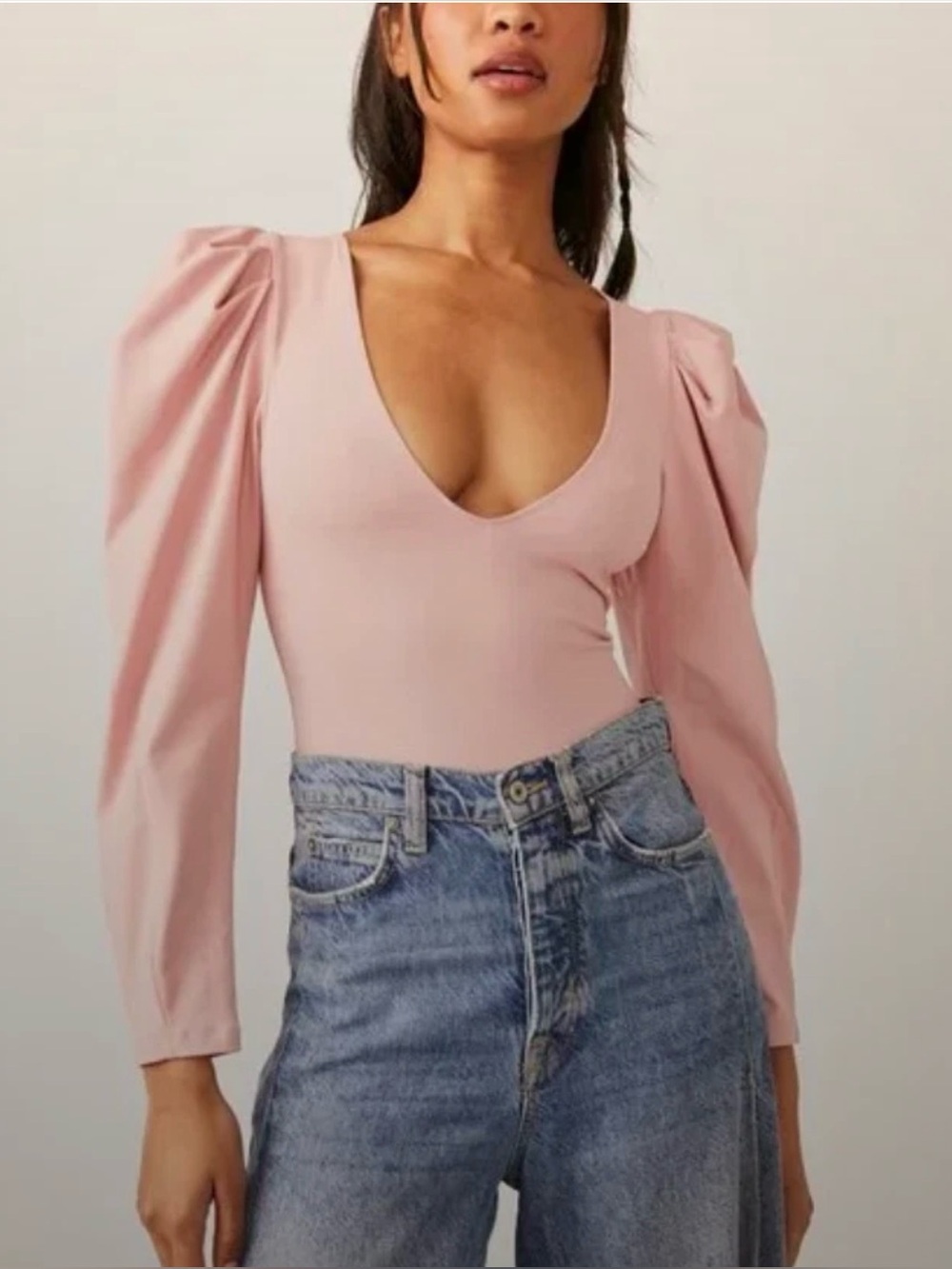 FREE PEOPLE Va Va Voop Long Sleeve Puff Puff Sleeve Bodysuit Heart Haze Pink M